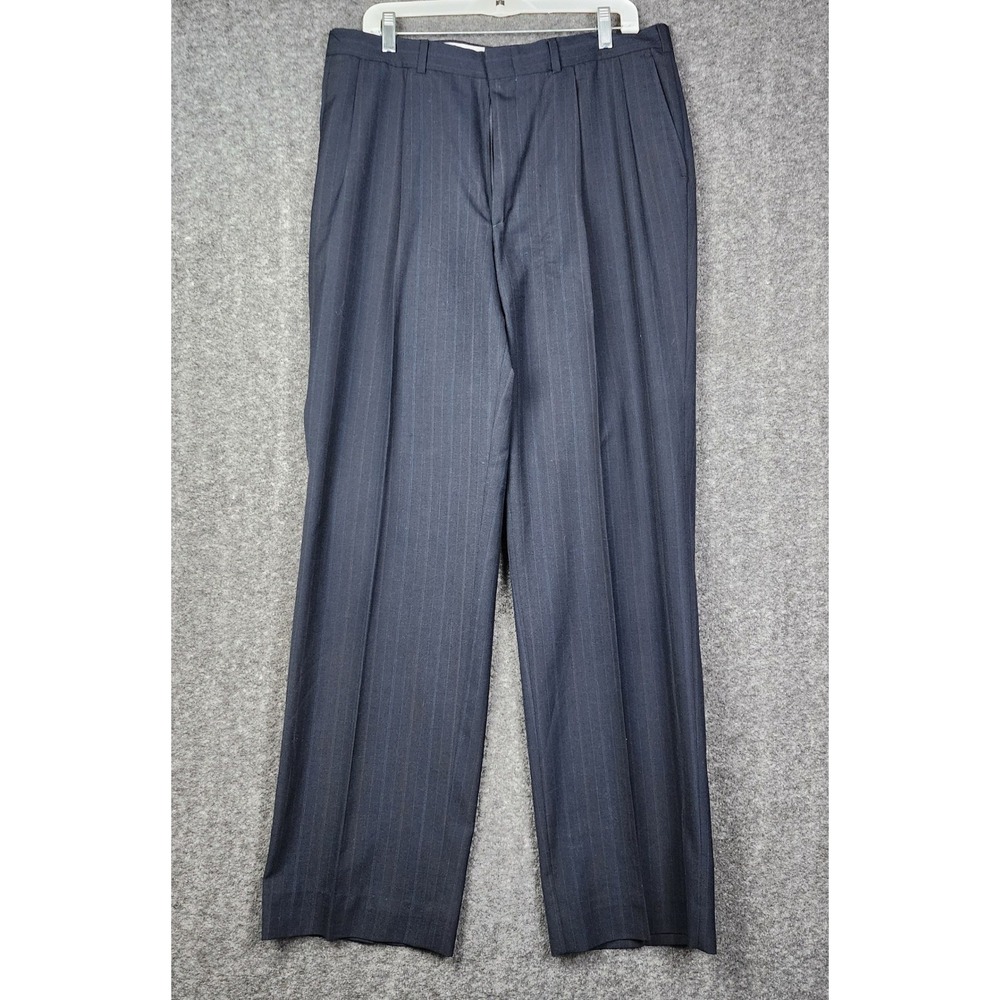 Towncraft Suit Pants Mens 36x32 Navy Blue Pinstripe Pleated Worsted Wool Blend